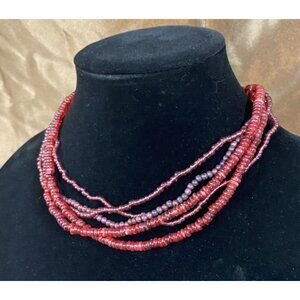 5 Strand Seed Beaded Choker Necklace Fuchsia Red Pomegranate